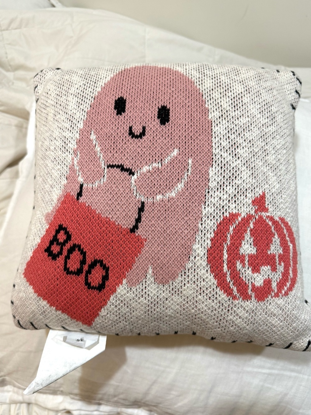 Halloween Ghost Knit Throw Pillow - Pink & Coral